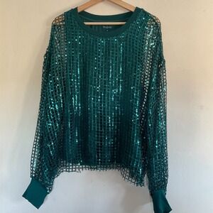 Pilcro Blouse Crew Neck Long Sleeve Green Sequin Mesh Disco Glam Fancy XL EUC